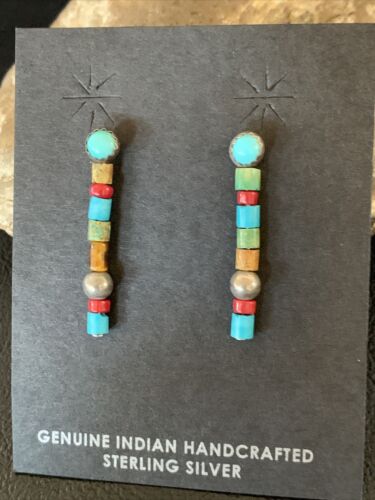 Multi-Color Turquoise Coral Bead Earrings | Sterling Silver | Navajo Handmade | 1" | 13053