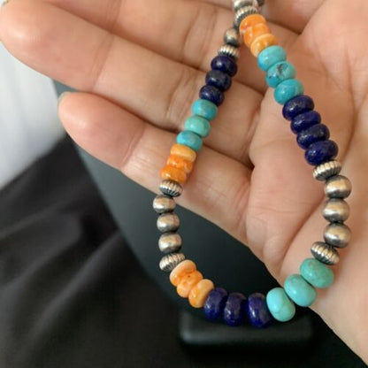 Navajo Blue Lapis Turquoise Orange Spiny Oyster Necklace | Sterling Silver | 22" | 13365