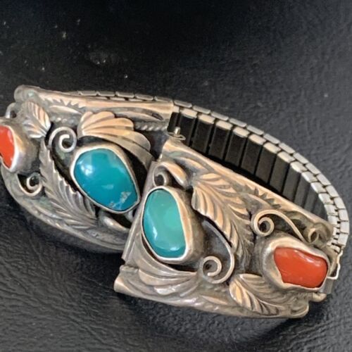 Navajo Sterling Silver Watch Tips | Old Pawn Turquoise & Coral Band | Authentic Native American Jewelry | 11931
