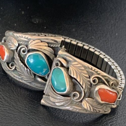 Navajo Sterling Silver Watch Tips | Old Pawn Turquoise & Coral Band | Authentic Native American Jewelry | 11931