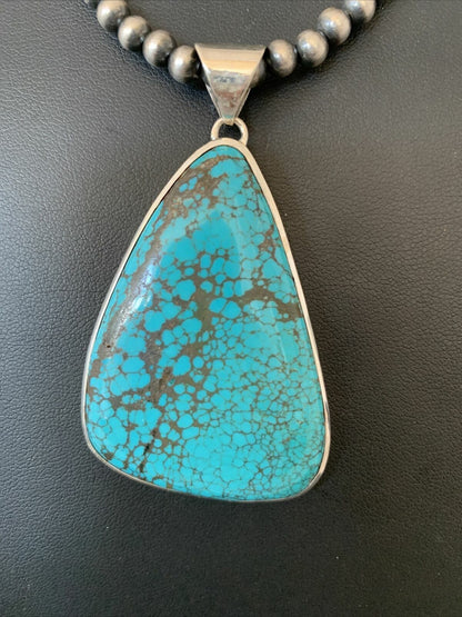 Navajo Pearls Sterling Silver Blue Spiderweb Turquoise Necklace Pendant | Men's Southwestern | 00918