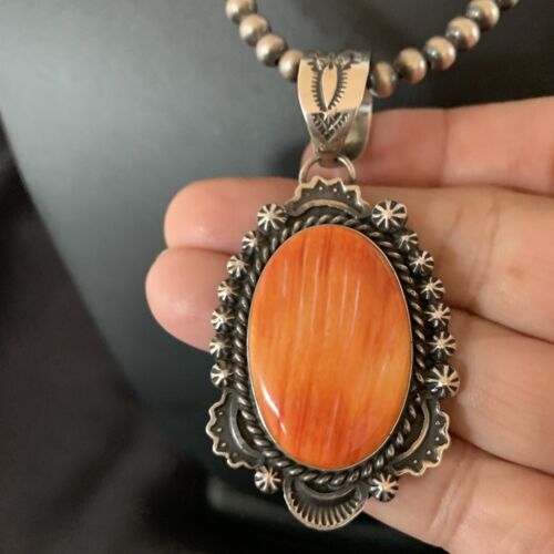 Navajo Pearls Orange Spiny Oyster Necklace Pendant | Sterling Silver | Authentic Native American Handmade | 11301