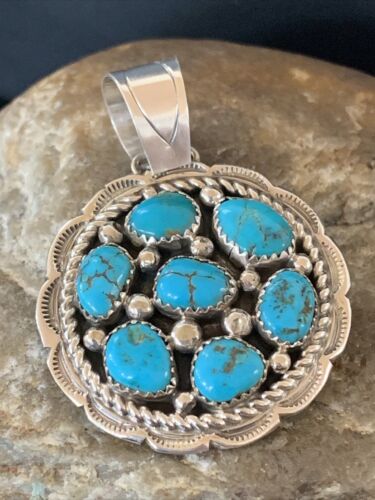 Navajo Kingman Blue Turquoise Cluster Pendant | Authentic Native American Sterling Silver | Multi-Stone | 2" | 2093