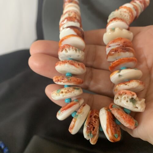 Navajo Turquoise & Red Spiny Oyster Necklace | Sterling Silver | Authentic Native American | 24" | 12734