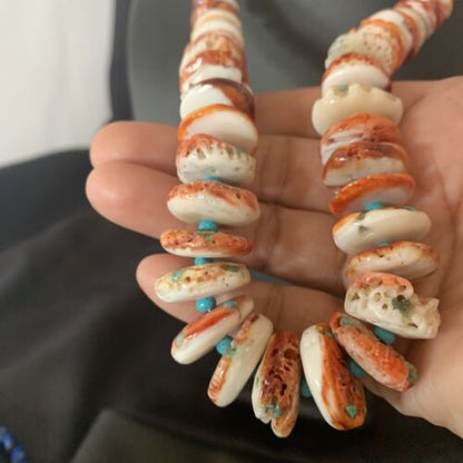 Navajo Turquoise & Red Spiny Oyster Necklace | Sterling Silver | Authentic Native American | 24" | 12734