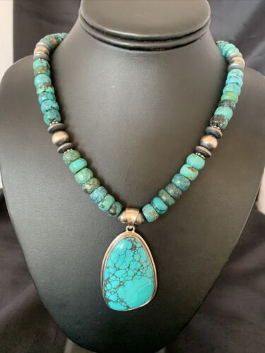 Navajo Pearls Spiderweb Beads Turquoise Necklace Pendant | Sterling Silver | Authentic Native American Handmade | 832