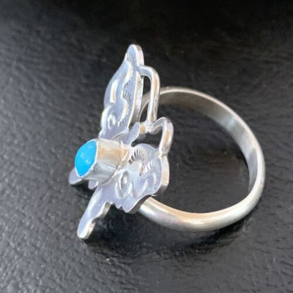 Navajo Blue Turquoise Butterfly Ring | Sterling Silver | Sz Adj 7 | Authentic Native American Handmade | 10677