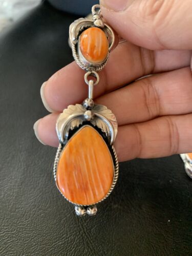 Navajo Orange Spiny Oyster Dangle Earrings | Sterling Silver | Authentic Native American Handmade | 12201