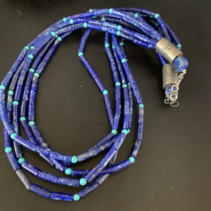 Women's Men's Sterling Silver Blue Denim Lapis Turquoise Necklace | 5 Strand | 22" | 13405