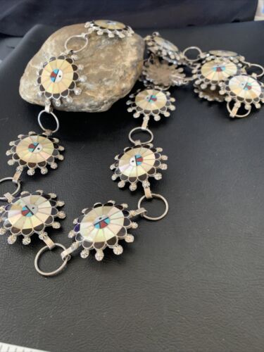 Zuni Old Pawn Sun Face Inlay Concho Belt | Sterling Silver | Native American Handmade | 40" | 12109