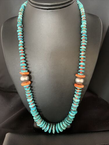 Navajo Natural Turquoise & Spiny Oyster Necklace | Sterling Silver | Authentic Native American | 25" | 13493