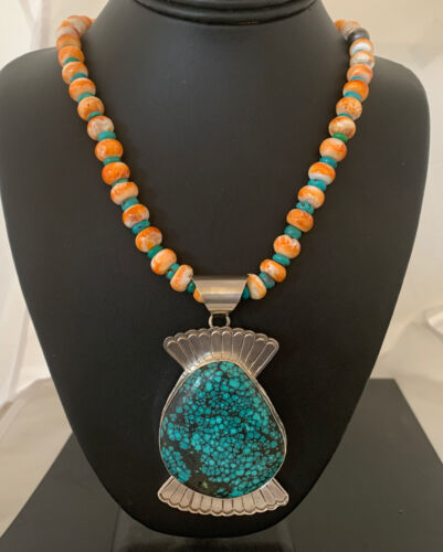Navajo Spiny Oyster & Spiderweb Turquoise Necklace | Sterling Silver | Authentic Native American Handmade | 1757