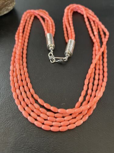 Navajo Pink Coral 5-Strand Necklace | Sterling Silver Barrel Beads | 22" | Authentic Native American | 10436