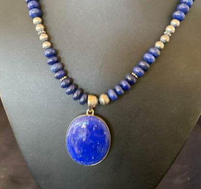 Navajo Pearls Sterling Silver Necklace with Blue Lapis Pendant | Authentic Native American Handmade | 11352
