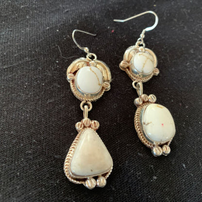 Navajo White Buffalo Turquoise Dangle Earrings | Sterling Silver | 2.50" | Authentic Native American Handmade | 1662