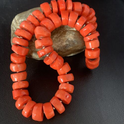 Navajo Orange Bamboo Coral Bead Necklace | 16mm | Sterling Silver | 17" | Authentic Native American Handmade | 13524