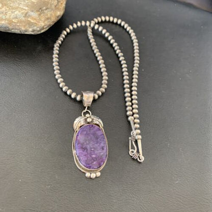 Navajo Pearls Necklace with Purple Sugilite Pendant | Sterling Silver | Authentic Native American Handmade | 10911