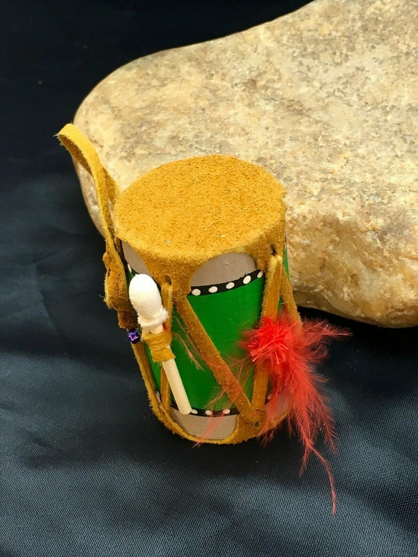 Handmade Miniature Leather Drum Car Charm | 2" Mirror Dangler | Authentic Native American | 8929