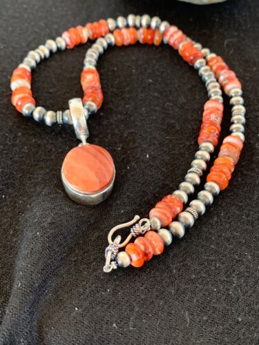 Navajo Red Spiny Oyster Pendant Necklace | Sterling Silver | Authentic Native American Handmade | 8820