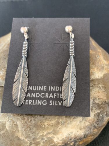 Old Pawn Southwestern Sterling Silver Dangle Feather Earrings | 1" | 12989
