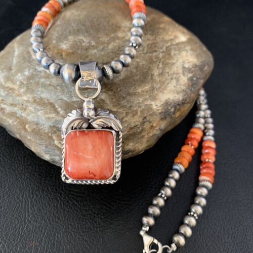 Navajo Red Spiny Oyster Pendant Necklace | Sterling Silver | 20" | Authentic Native American Handmade | 13653