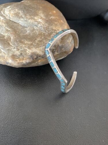 Navajo Old Pawn Blue Turquoise Chip Inlay Bracelet | Sterling Silver | Authentic Native American Handmade | 1168