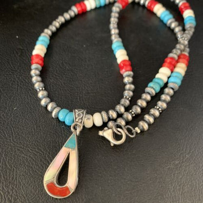 Navajo Pearls Wild Horse Turquoise Necklace Inlay Pendant | Sterling Silver | Authentic Native American Handmade | 13885