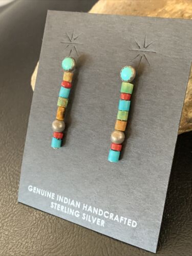 Multi-Color Turquoise Coral Bead Earrings | Sterling Silver | Navajo Handmade | 1" | 13053