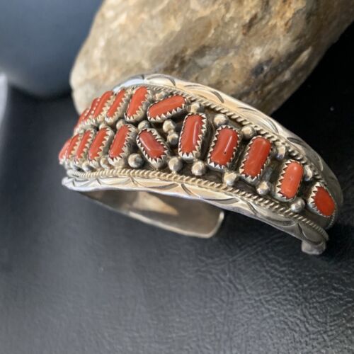 Navajo Multi-Stone Red Coral Bracelet | Sterling Silver | Authentic Native American Handmade | 12235