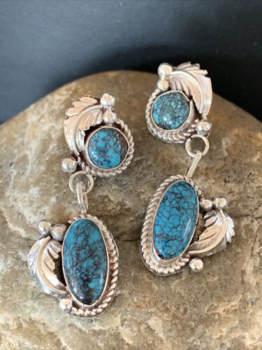 USA Handmade Navajo Spiderweb Turquoise Sterling Post Dangle Earrings1400