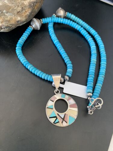 Blue Turquoise & Mother of Pearl Inlay Pendant | Sterling Silver Necklace | Navajo | 8904 - Masha USA