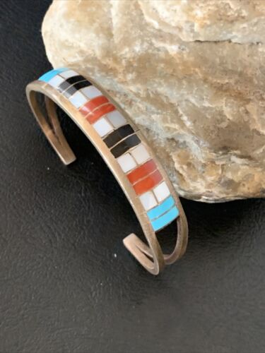 Navajo Sterling Silver Multi-Color Inlay Bracelet | Turquoise | Native American Jewelry | 12919