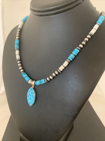 Zuni Turquoise Howlite Inlay Necklace Pendant | Sterling Silver | Authentic Native American Handmade | 02091