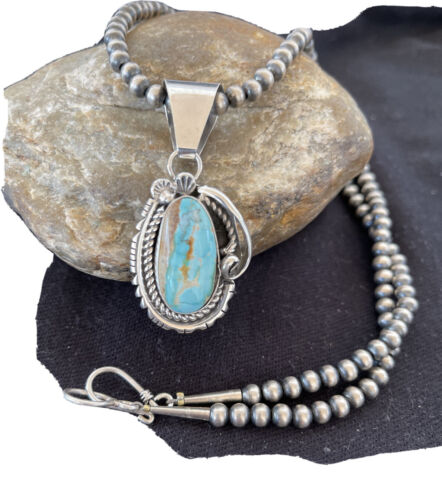 Women's Royston Turquoise Pendant Necklace | Navajo Pearls | Sterling Silver | Authentic Native American Handmade | 1182