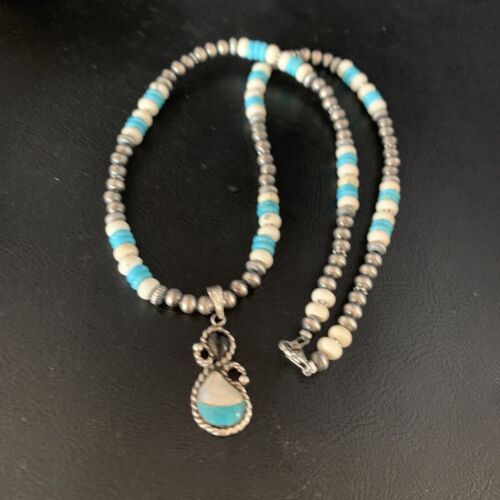 Navajo Mother of Pearl Turquoise Onyx Inlay Pendant Bead Necklace | Sterling Silver | Native American Handmade | 13566