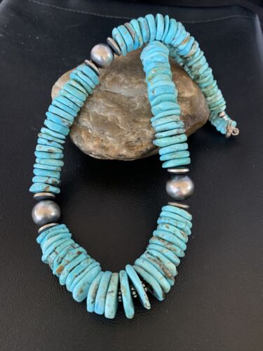 Authentic Native American Navajo Sterling Silver Necklace | Natural Turquoise #8 | Graduated Design | 28" | 13212