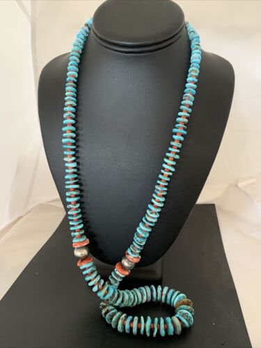Authentic Native American Navajo Sterling Silver Necklace | Blue Turquoise & Spiny Oyster | 32" | 01672