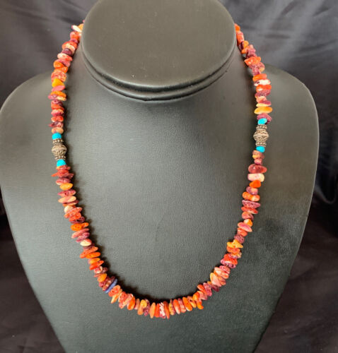 Navajo Spiny Oyster & Turquoise Necklace | Sterling Silver | 16" | Authentic Native American Handmade | 10693