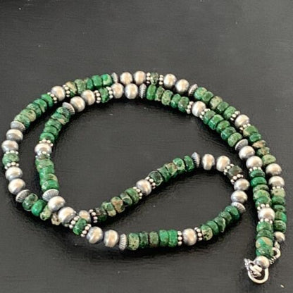 Navajo Green Turquoise Bead Necklace | Sterling Silver | 22" | Authentic Native American Handmade | 02040