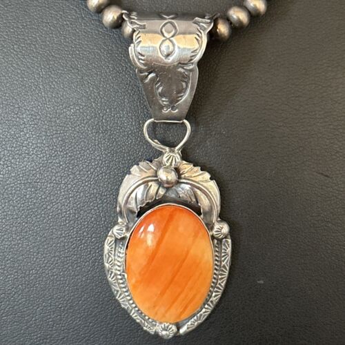 Navajo Orange Spiny Oyster Pendant Necklace | Sterling Silver | Authentic Native American Handmade | 14682
