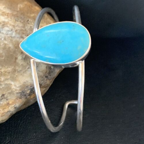 Minimalist Women's Blue Kingman Turquoise Cuff Wire Bracelet | Sterling Silver | 12867