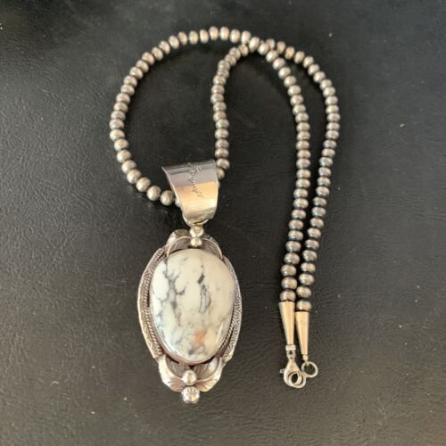 White Buffalo Turquoise Pendant Necklace | Sterling Silver | Navajo | Authentic Native American Handmade | 13991
