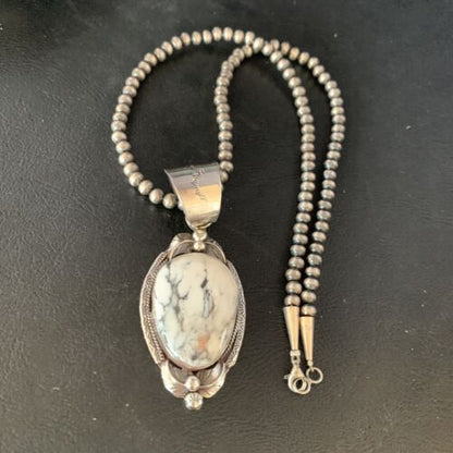 White Buffalo Turquoise Pendant Necklace | Sterling Silver | Navajo | Authentic Native American Handmade | 13991