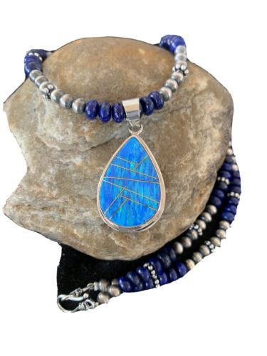 Navajo Pearls Necklace with Lapis, Turquoise, and Blue Opal Pendant | Sterling Silver | 1171
