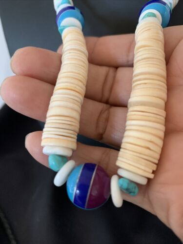 Authentic Native American Santo Domingo Shell & Turquoise 3-Bead Pendant Necklace with Pearls | 20" | 12524