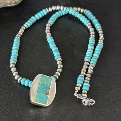 Navajo Blue Turquoise Inlay Pendant Necklace | Sterling Silver | 22" | Authentic Native American Handmade | 14602