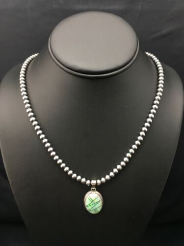 Navajo Pearls Opal Inlay Pendant | Sterling Silver Necklace | Authentic Native American Handmade | 4400