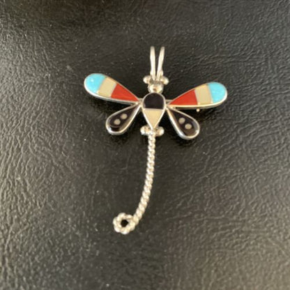 Zuni Turquoise Mother of Pearl Inlay Dragonfly Necklace Pin Pendant | Sterling Silver | 12321