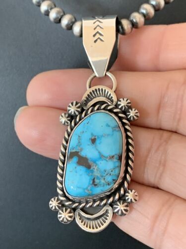 Navajo Spiderweb Kingman Turquoise Pendant Necklace | Sterling Silver | Authentic Native American Handmade | 690