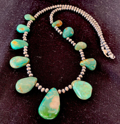 Navajo Pearls Sterling Silver Green Royston Turquoise Necklace | Teardrop | Native American